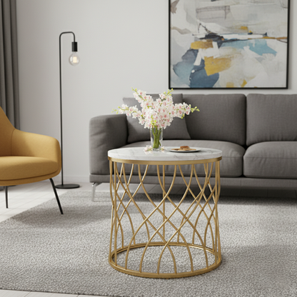 Modern Minimalist Cylindrical Steel Stone End Table Openwork Design For Living Room