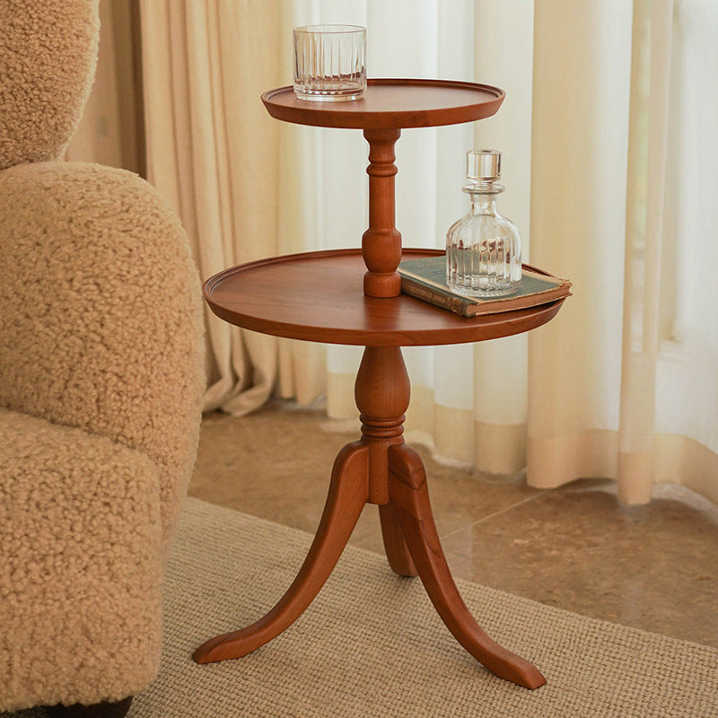 Traditional Vintage Round Solid Wood End Table 2-Tier 3-Leg For Living Room