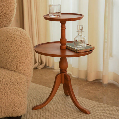 Traditional Vintage Round Solid Wood End Table 2-Tier 3-Leg For Living Room