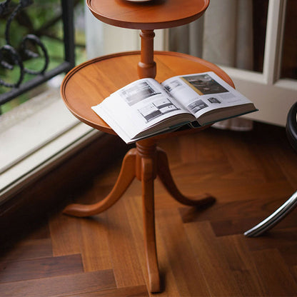 Traditional Vintage Round Solid Wood End Table 2-Tier 3-Leg For Living Room