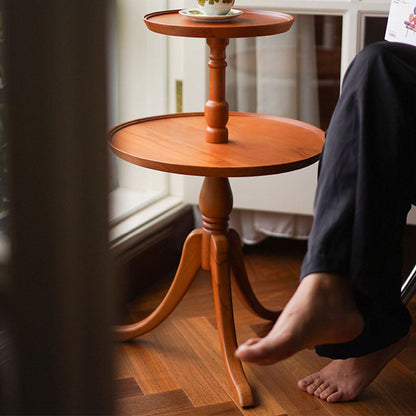 Traditional Vintage Round Solid Wood End Table 2-Tier 3-Leg For Living Room