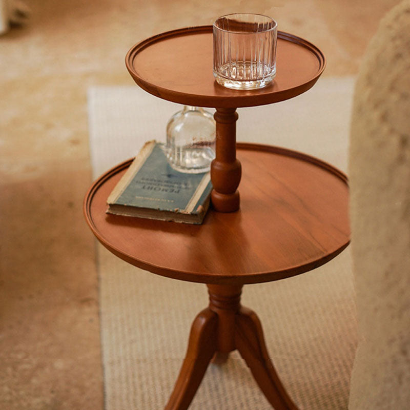 Traditional Vintage Round Solid Wood End Table 2-Tier 3-Leg For Living Room