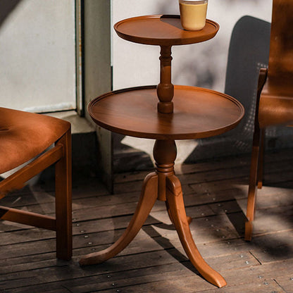 Traditional Vintage Round Solid Wood End Table 2-Tier 3-Leg For Living Room