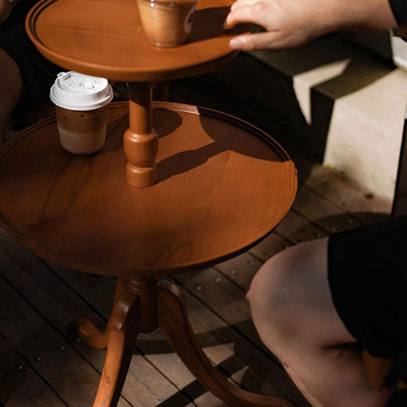Traditional Vintage Round Solid Wood End Table 2-Tier 3-Leg For Living Room