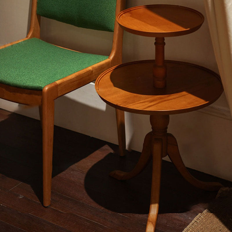 Traditional Vintage Round Solid Wood End Table 2-Tier 3-Leg For Living Room