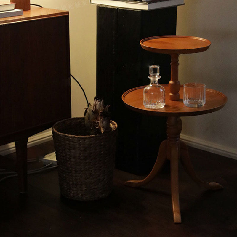 Traditional Vintage Round Solid Wood End Table 2-Tier 3-Leg For Living Room