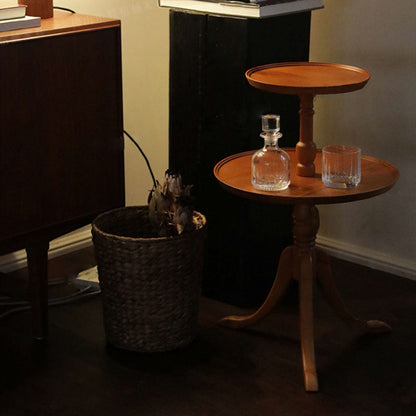 Traditional Vintage Round Solid Wood End Table 2-Tier 3-Leg For Living Room