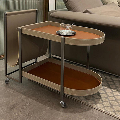 Modern Minimalist Rounded Rectangular Saddle Leather Carbon Steel End Table 2-Tier 4-Leg Movable For Living Room