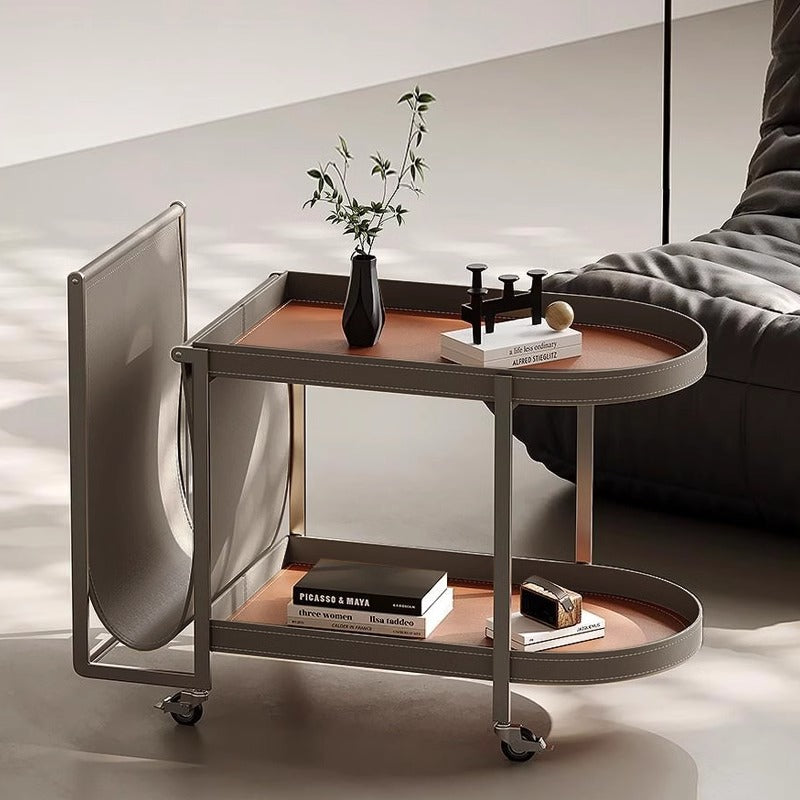 Modern Minimalist Rounded Rectangular Saddle Leather Carbon Steel End Table 2-Tier 4-Leg Movable For Living Room