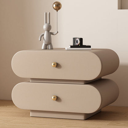 Modern Minimalist Oval Microfiber Leather Finger-Jointed Board Solid Wood Multi-Layer Board Nightstand 2-Drawer For Bedroom