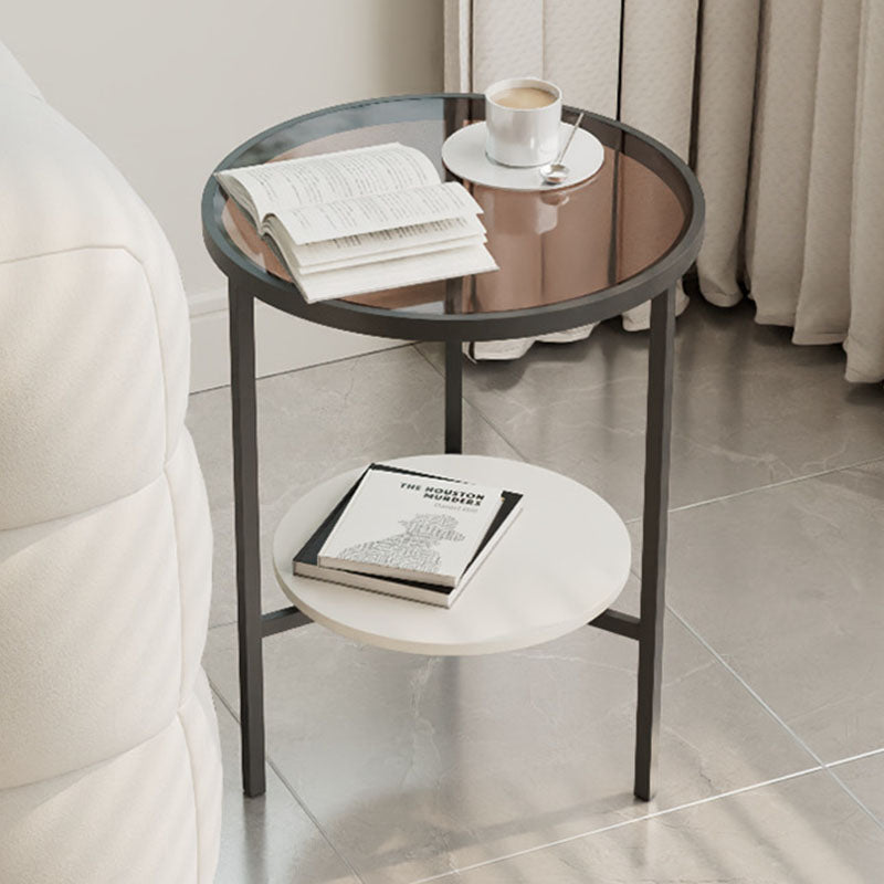 Modern Minimalist Round Tempered Glass Slab Carbon Steel End Table 3-Leg 2-Tier For Living Room
