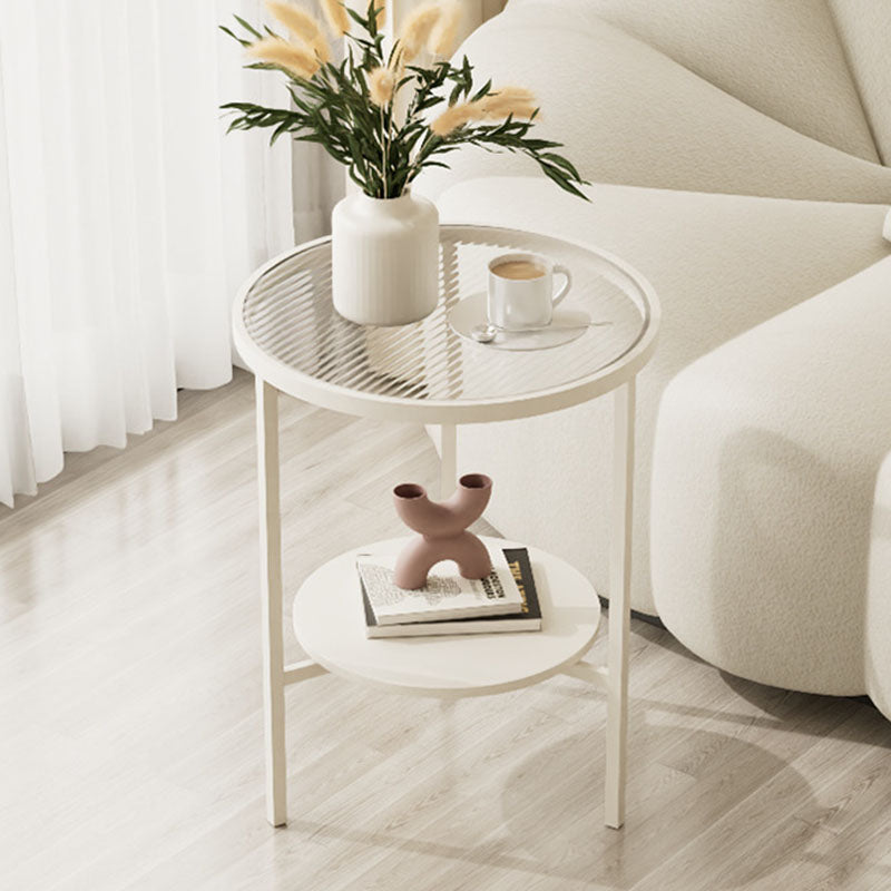 Modern Minimalist Round Tempered Glass Slab Carbon Steel End Table 3-Leg 2-Tier For Living Room
