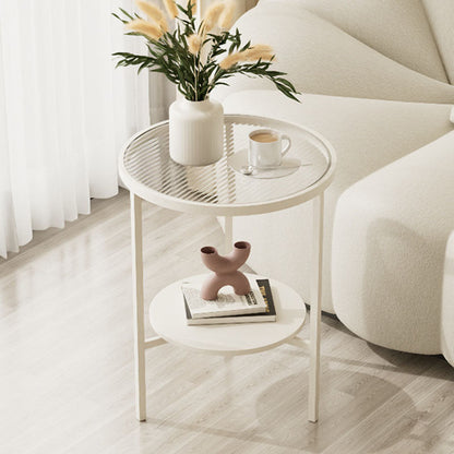 Modern Minimalist Round Tempered Glass Slab Carbon Steel End Table 3-Leg 2-Tier For Living Room