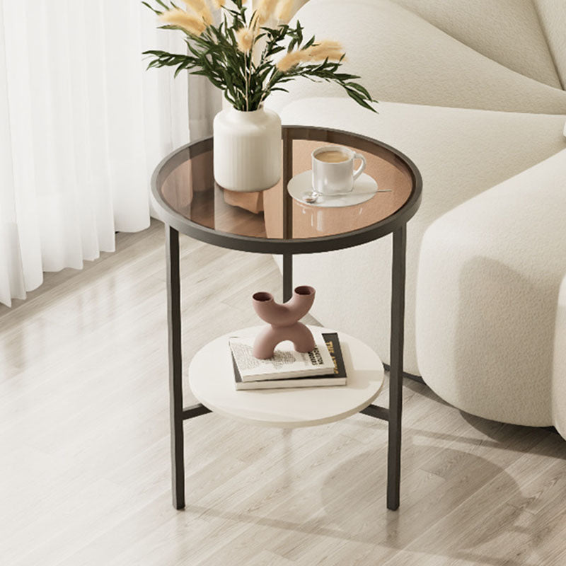 Modern Minimalist Round Tempered Glass Slab Carbon Steel End Table 3-Leg 2-Tier For Living Room