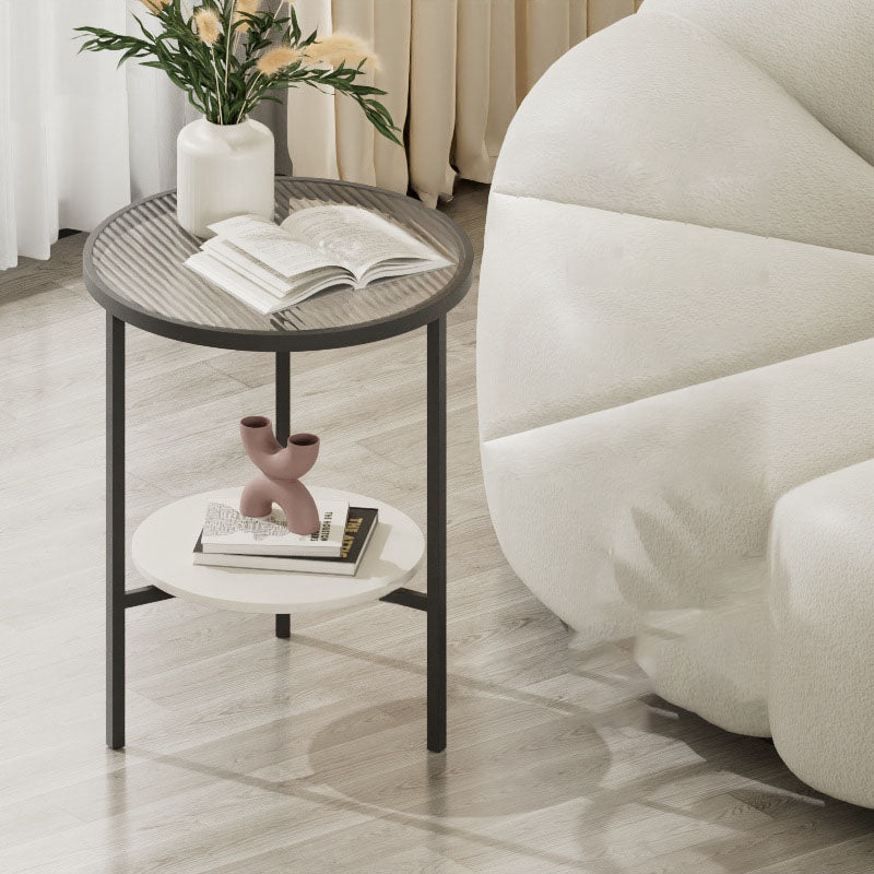 Modern Minimalist Round Tempered Glass Slab Carbon Steel End Table 3-Leg 2-Tier For Living Room
