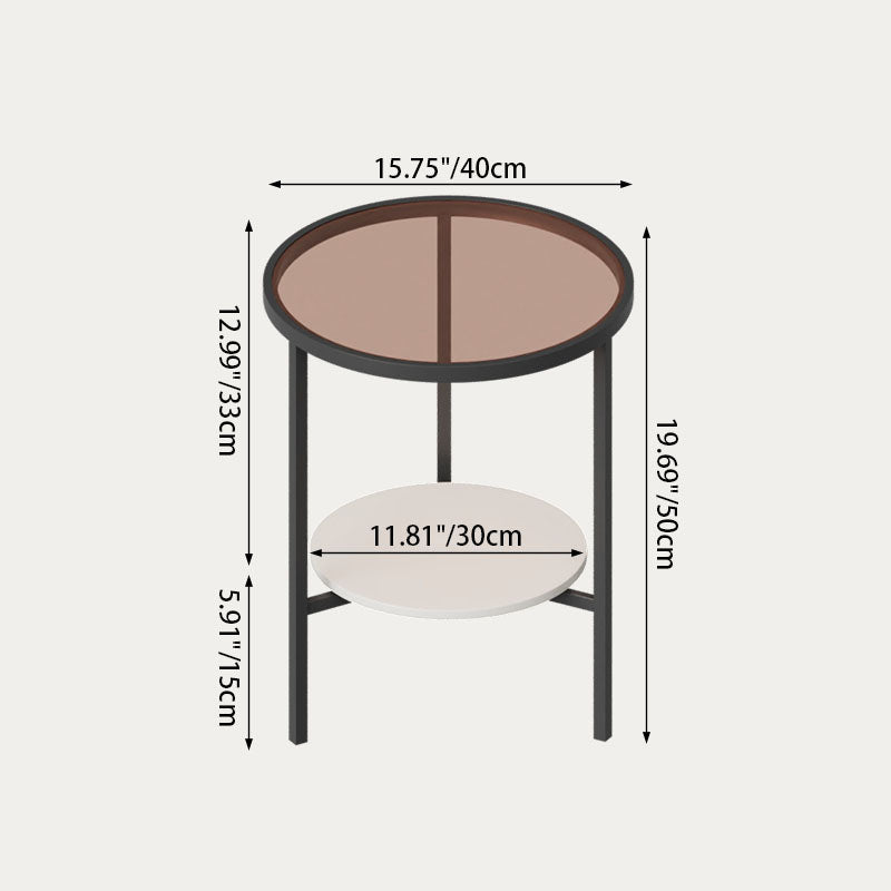 Modern Minimalist Round Tempered Glass Slab Carbon Steel End Table 3-Leg 2-Tier For Living Room