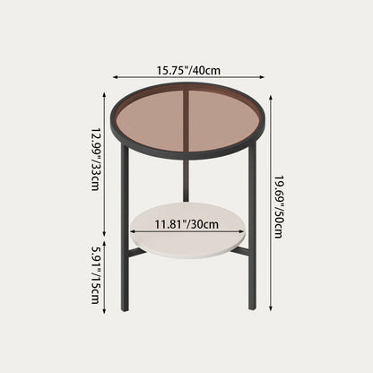 Modern Minimalist Round Tempered Glass Slab Carbon Steel End Table 3-Leg 2-Tier For Living Room