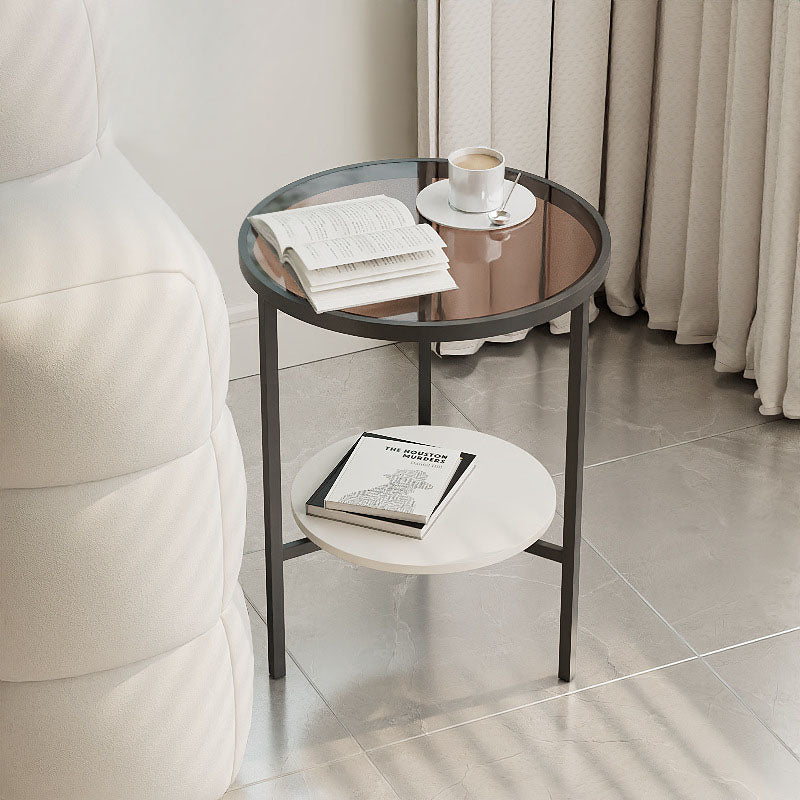 Modern Minimalist Round Tempered Glass Slab Carbon Steel End Table 3-Leg 2-Tier For Living Room