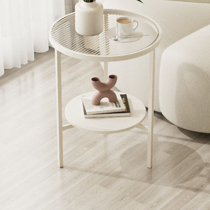 Modern Minimalist Round Tempered Glass Slab Carbon Steel End Table 3-Leg 2-Tier For Living Room