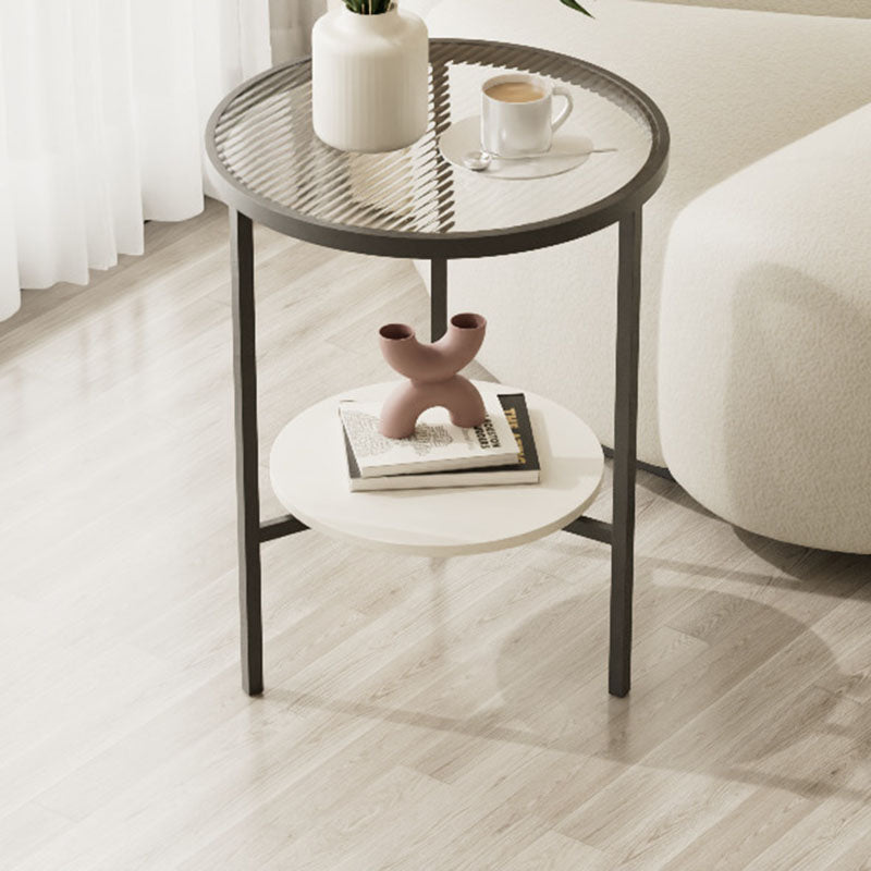 Modern Minimalist Round Tempered Glass Slab Carbon Steel End Table 3-Leg 2-Tier For Living Room