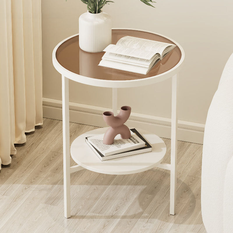 Modern Minimalist Round Tempered Glass Slab Carbon Steel End Table 3-Leg 2-Tier For Living Room