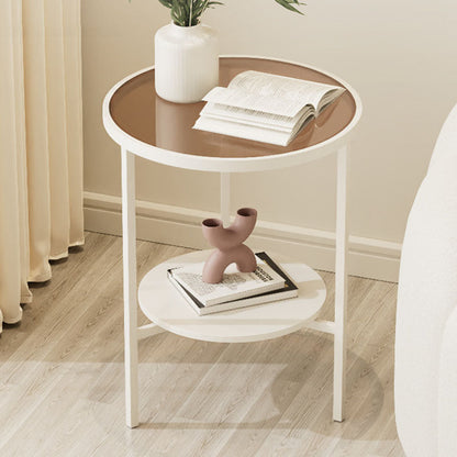Modern Minimalist Round Tempered Glass Slab Carbon Steel End Table 3-Leg 2-Tier For Living Room