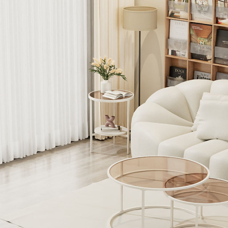Modern Minimalist Round Tempered Glass Slab Carbon Steel End Table 3-Leg 2-Tier For Living Room
