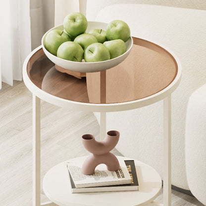 Modern Minimalist Round Tempered Glass Slab Carbon Steel End Table 3-Leg 2-Tier For Living Room