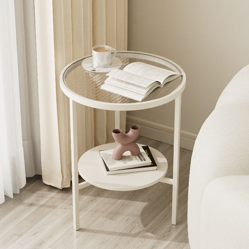 Modern Minimalist Round Tempered Glass Slab Carbon Steel End Table 3-Leg 2-Tier For Living Room