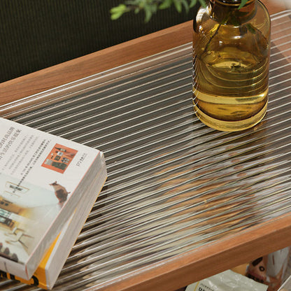 Modern Minimalist Rectangular Glass Solid Wood Rattan End Table 4-Leg 2-Tier For Living Room