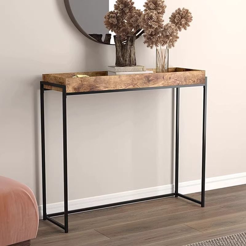 Traditional Vintage Rectangular Solid Wood Iron Console Table 4-Leg For Entryways