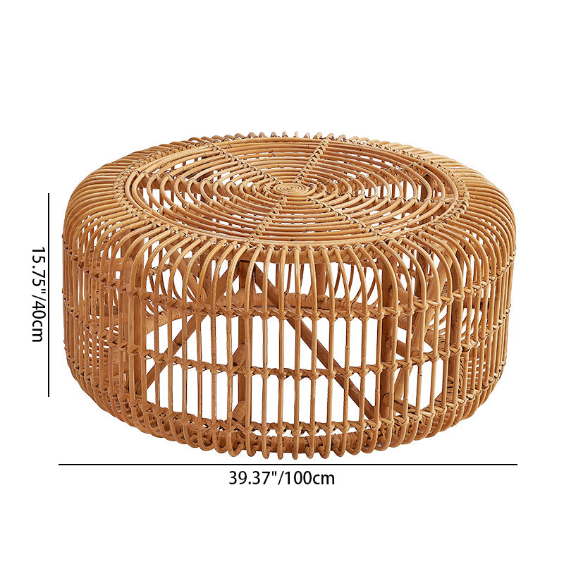 Traditional Vintage Round Genuine Rattan Glass Coffee Table Openwork Design For Living Room