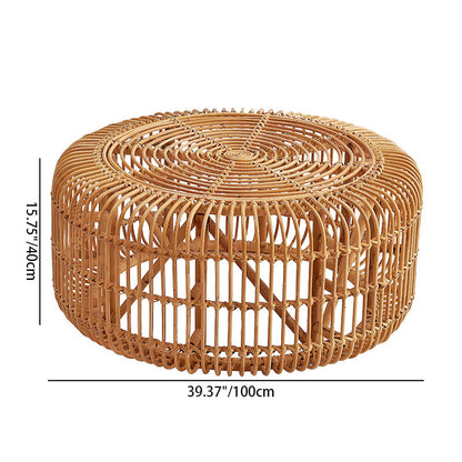 Traditional Vintage Round Genuine Rattan Glass Coffee Table Openwork Design For Living Room