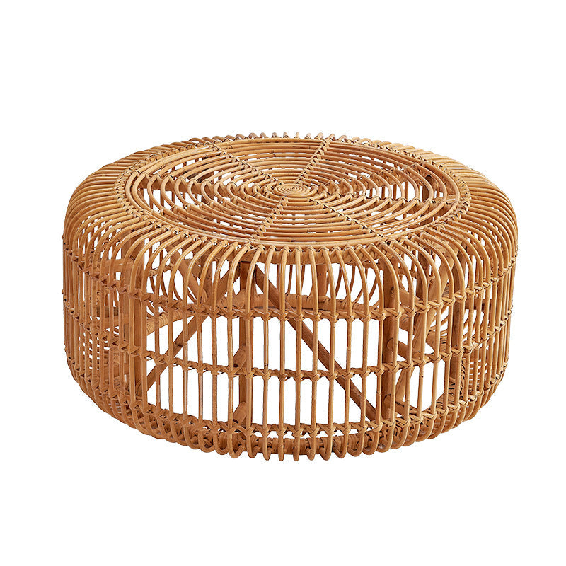 Traditional Vintage Round Genuine Rattan Glass Coffee Table Openwork Design For Living Room