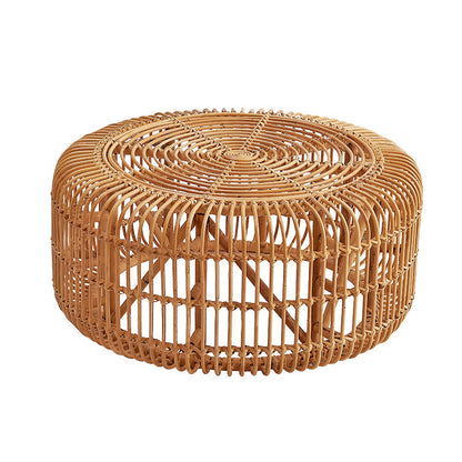 Traditional Vintage Round Genuine Rattan Glass Coffee Table Openwork Design For Living Room