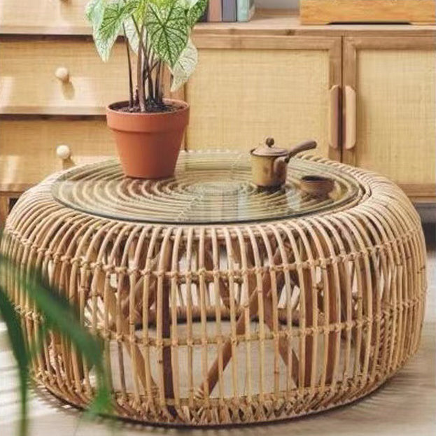 Traditional Vintage Round Genuine Rattan Glass Coffee Table Openwork Design For Living Room