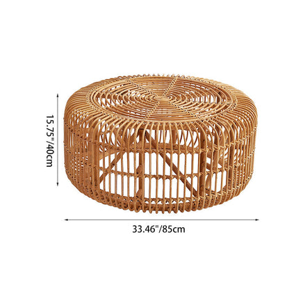 Traditional Vintage Round Genuine Rattan Glass Coffee Table Openwork Design For Living Room