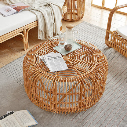 Traditional Vintage Round Genuine Rattan Glass Coffee Table Openwork Design For Living Room