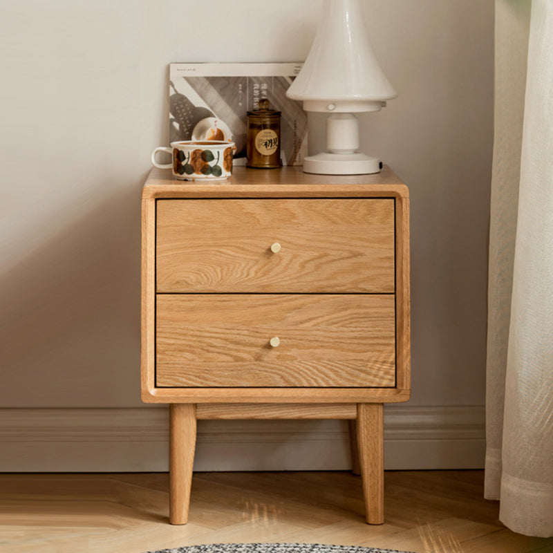 Modern Minimalist Rectangular Solid Wood Nightstand 4-Leg 2-Drawer For Bedroom