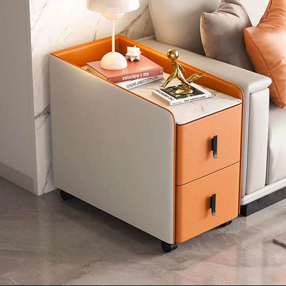Modern Minimalist Rectangular Multi-layer Board Cat-Scratch Resistant Leather Stone Slab Solid Wood End Table 2-Drawer Movable For Living Room
