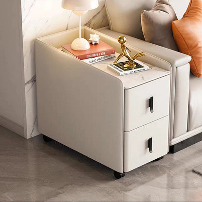 Modern Minimalist Rectangular Multi-layer Board Cat-Scratch Resistant Leather Stone Slab Solid Wood End Table 2-Drawer Movable For Living Room