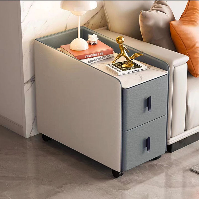 Modern Minimalist Rectangular Multi-layer Board Cat-Scratch Resistant Leather Stone Slab Solid Wood End Table 2-Drawer Movable For Living Room