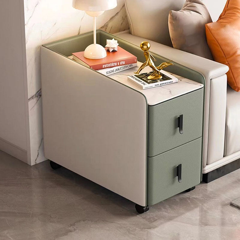 Modern Minimalist Rectangular Multi-layer Board Cat-Scratch Resistant Leather Stone Slab Solid Wood End Table 2-Drawer Movable For Living Room