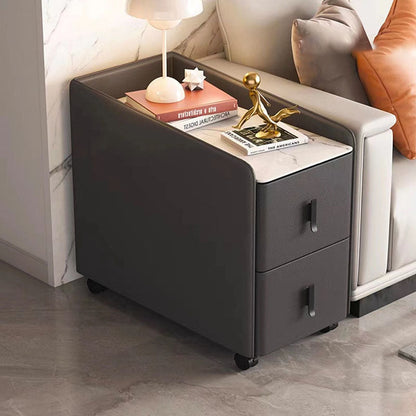 Modern Minimalist Rectangular Multi-layer Board Cat-Scratch Resistant Leather Stone Slab Solid Wood End Table 2-Drawer Movable For Living Room