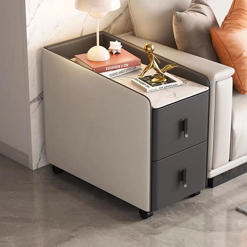 Modern Minimalist Rectangular Multi-layer Board Cat-Scratch Resistant Leather Stone Slab Solid Wood End Table 2-Drawer Movable For Living Room