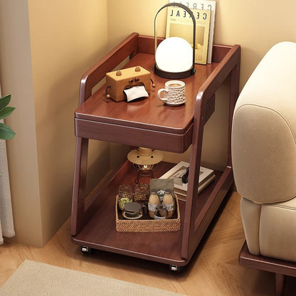 Modern Minimalist Rectangular Solid Wood End Table 1-Drawer 2-Tier Movable For Living Room