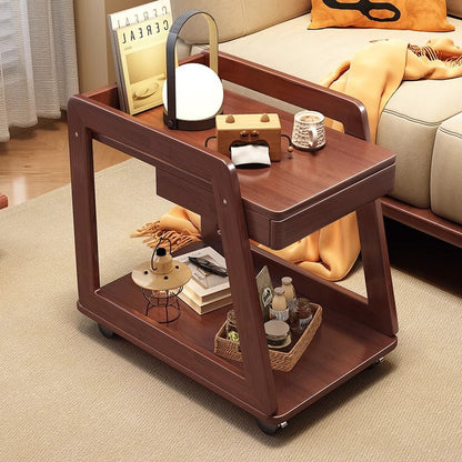 Modern Minimalist Rectangular Solid Wood End Table 1-Drawer 2-Tier Movable For Living Room