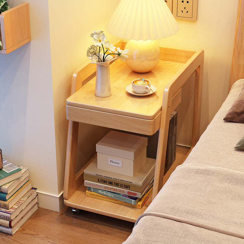 Modern Minimalist Rectangular Solid Wood End Table 1-Drawer 2-Tier Movable For Living Room