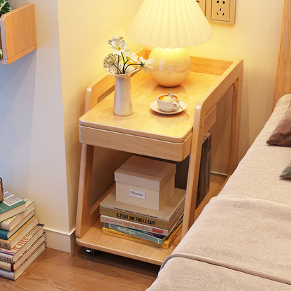 Modern Minimalist Rectangular Solid Wood End Table 1-Drawer 2-Tier Movable For Living Room