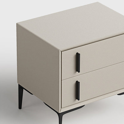 Modern Minimalist Rectangular PU Leather Solid Wood Carbon Steel Nightstand 4-Leg 2-Drawer For Bedroom
